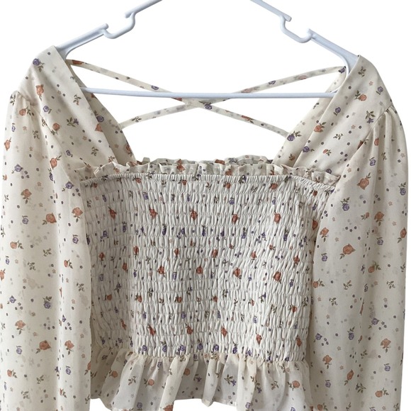 Cottagecore Floral Smocked Crop Top Puff Sleeve Peasant Boho Blouse L - Picture 2 of 9